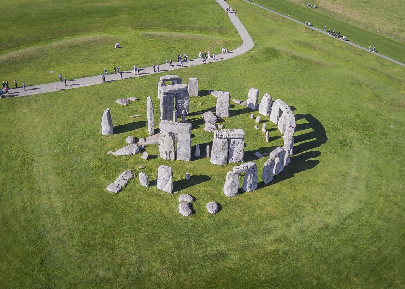 Aerial view of the Stonehenge stone circle in a green field with paths around the monument.